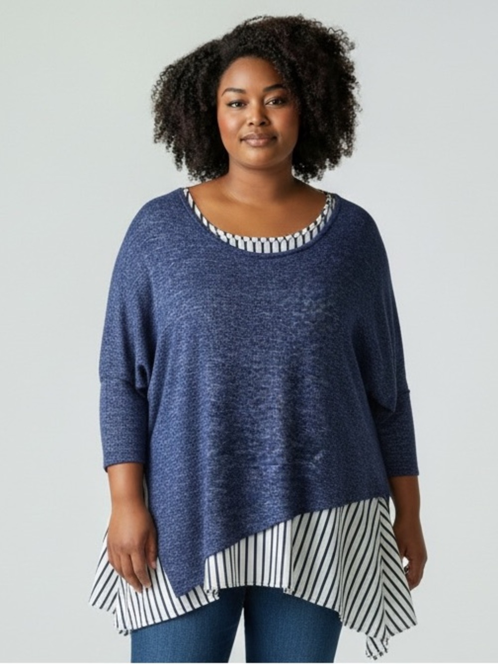 Lane Bryant Blue Marled Mixed Media Striped Tunic
